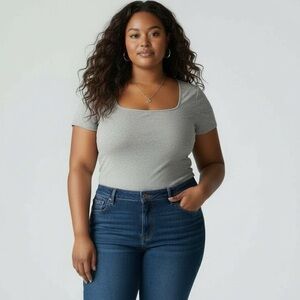 NWT XXL MangoPop Gray Square Neck Short Sleeve Bodysuit Neutral Basic Base Layer